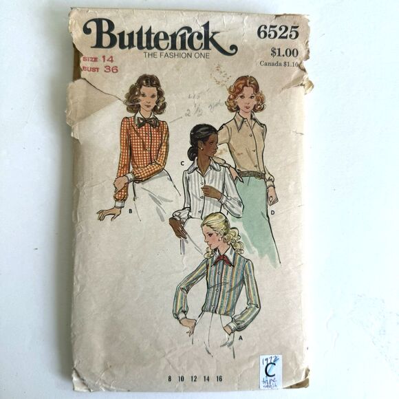 Vtg 70s Butterick 6525 Sz 14 Bust 36 Shirt Blouse Sewing Pattern Pointed Collar - Picture 1 of 5